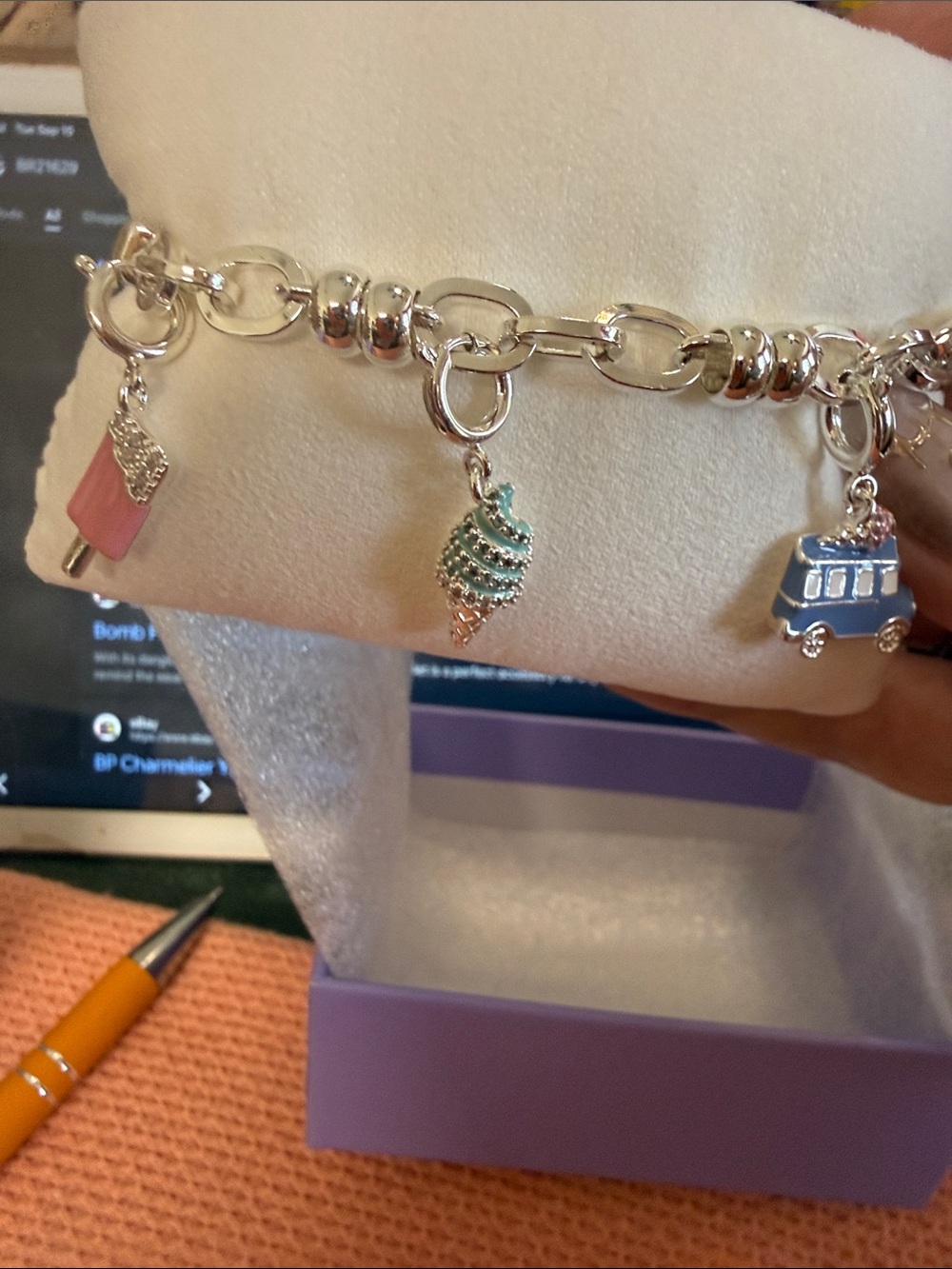 Silver Charm Bracelet with Pink, Teal and Blue Enamel Charms